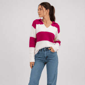 Damen Gestreifter Pullover Mit V-Ausschnitt